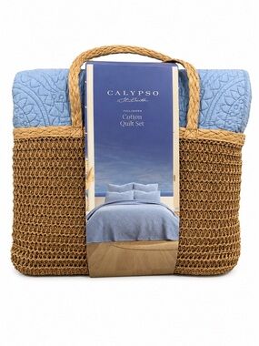 CALYPSO St. Barth Blue Cotton Quilt Set with Woven Carry Tote Full/Queen